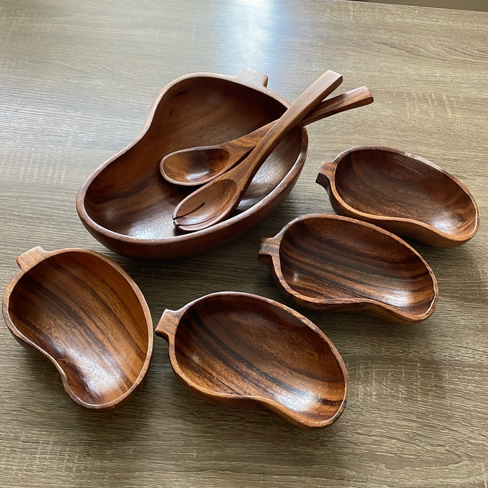 Vintage wood salad set - pear shaped